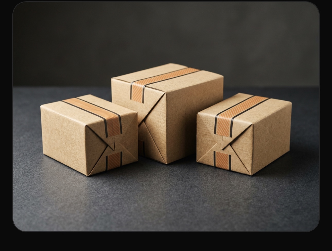 Three cardboard parcels sealed with orange tape on a dark background